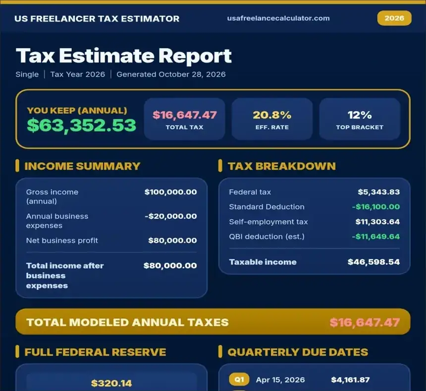 Genuine 2026 Tax Estimate Report PDF for $100,000 business receipts and $20,000 expenses.