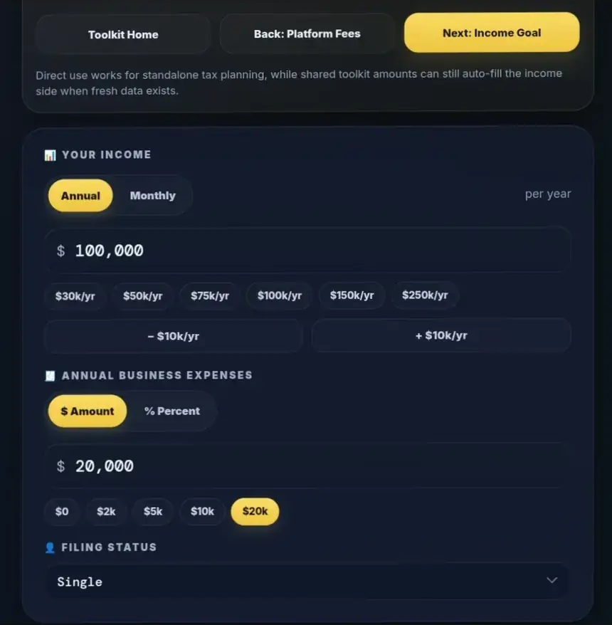 Genuine 2026 tax estimator inputs showing $100,000 annual receipts, $20,000 annual expenses and Single filing.