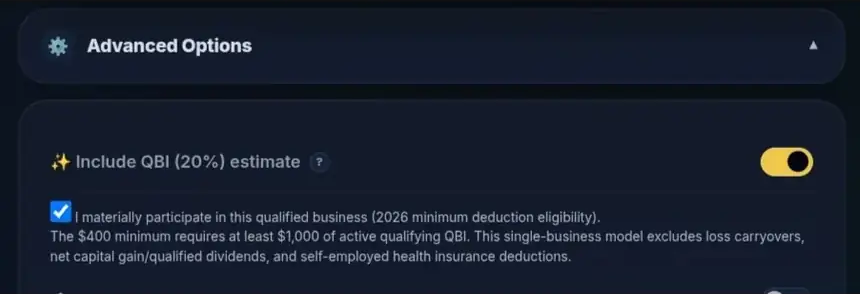 Genuine 2026 qualified business income toggle with active business participation checkbox checked.