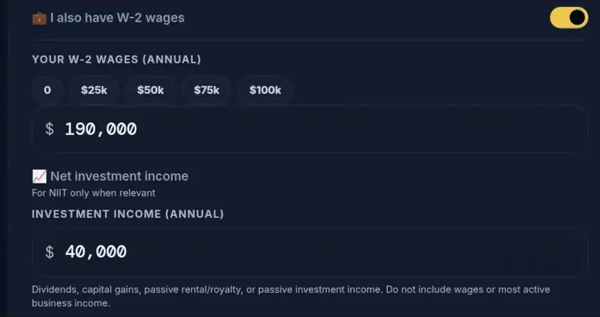 Genuine investment income panel with $40,000 NIIT-only input and $190,000 W-2 wages.