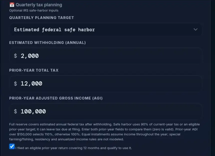 Genuine safe-harbor input controls: $2,000 withholding, $12,000 prior tax and $100,000 prior AGI.